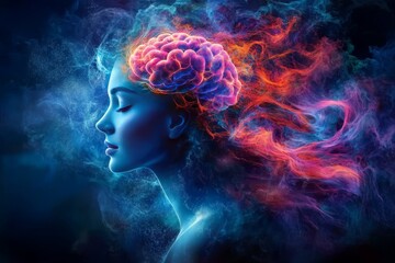 Womans head with glowing neural network lines radiating from her brain symbolizing cognitive function neural pathways and the flow of information in a futuristic digital world