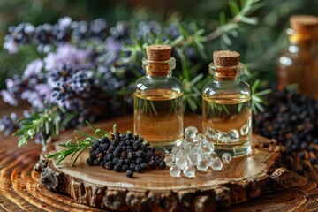 Two Glass Bottles of Essential Oil with Juniper Berries and Rosemary