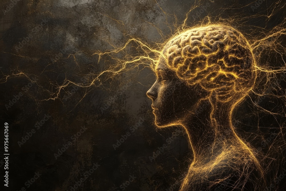 Aufkleber digital rendering of a brain surrounded by golden neural connections symbolizing human thought artif
