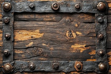 Weathered Wooden Plank with Iron Frame and Bolts
