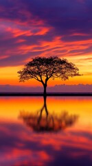 Obraz premium tree silhouette against a vibrant sunset sky with reflection on water. serenity and nature concept