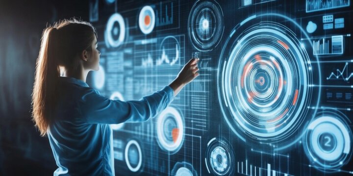 Businesswoman analyzing budget reports with futuristic digital interface, budgeting, financial analysis - Powered by Adobe