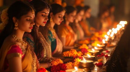 Devotees worshiping Goddess Lakshmi, traditional Diwali rituals, adorned altar with lamps and flowers