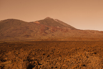 Cosmic red planet landscape with mountain, sky and empty desert