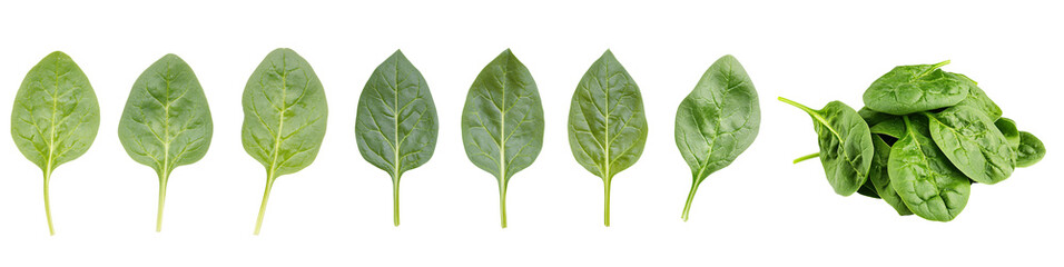 Fototapeta premium Fresh green spinach leaves arranged in a line and a pile, highlighting their vibrant color and texture.