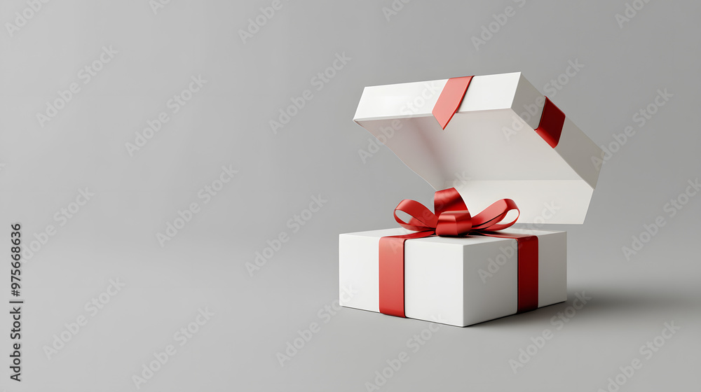 Poster blank white present box open or gift box with red ribbons and bow isolated on white grey background 