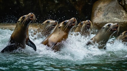 Obraz premium A group of playful sea lions chasing each other in the water.