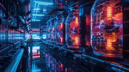 Futuristic scene featuring a neon lit industrial corridor filled with advanced technology machinery and electronic equipment