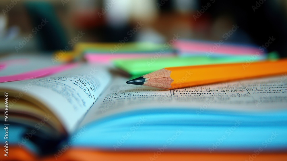 Poster open textbook on a desk: a close-up of a student’s open textbook on a desk, with colorful notes and 