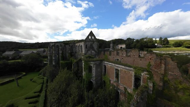 Flying through the Abbey of Aulne in the Belgian city of Thuin.