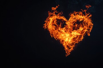 Flames shaped like a heart flicker gently against a pitch-black background