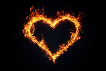 Flames shaped like a heart flicker gently against a pitch-black background