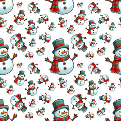 Seamless repeating pattern wallpaper with a happy and smiling snowman, transparant PNG