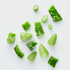 sliced Aloe Vera pieces on top view on a white background