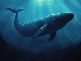 Fototapeta premium A majestic whale gliding through serene underwater depths, illuminated by soft rays of sunlight, showcasing the beauty of marine life.