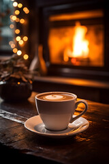 Cup of coffee next to a fireplace and a Christmas tree