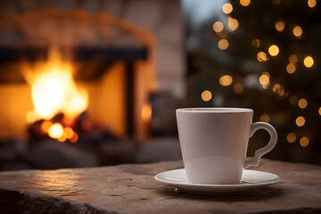 Obraz premium Cup of coffee next to a fireplace and a Christmas tree