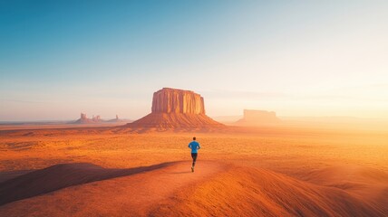 A solitary runner explores a vast desert landscape, showcasing the beauty of nature and the thrill of adventure.