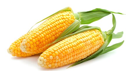 Ripe Corn Cobs with Green Leaves on White Background