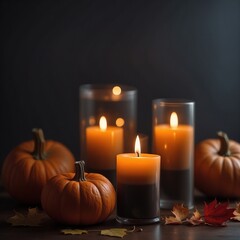 Thanksgiving day holidays concept theme pumpkin candle autumn leaves dark background photography