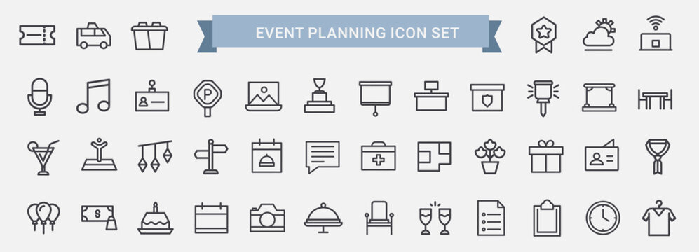 event planning thin line icon set