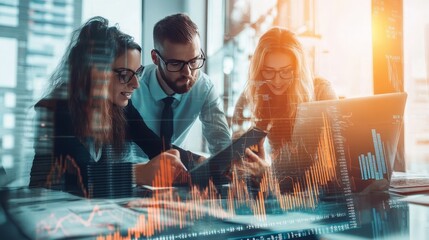 Collaborative business professionals over abstract cityscape with daylight and financial charts