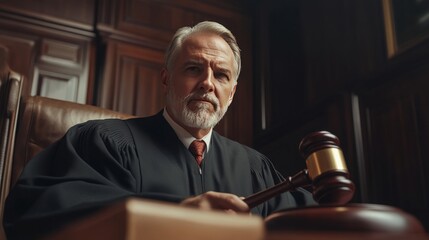 Judge strikes gavel to announce verdict in courtroom, signaling conclusion of the trial