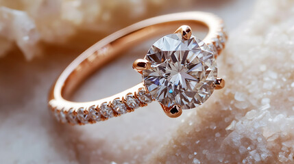 stunning diamond engagement ring, set on a rose gold band, with smaller diamonds encrusted