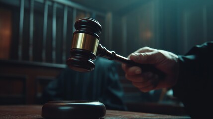 Judge strikes gavel in courtroom as chairman announces the final verdict with authority