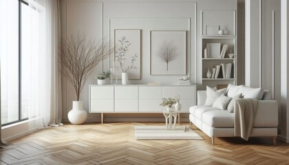 A modern minimalist living room interior, a white lacquered sideboard with geometrically arranged framed artworks placed on top, parquet herringbone hardwood flooring, a white armchair, gray accent wa