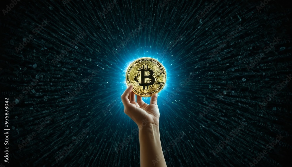 Poster a hand reaching upwards towards a glowing bitcoin symbol, set against a backdrop of digital codes. t