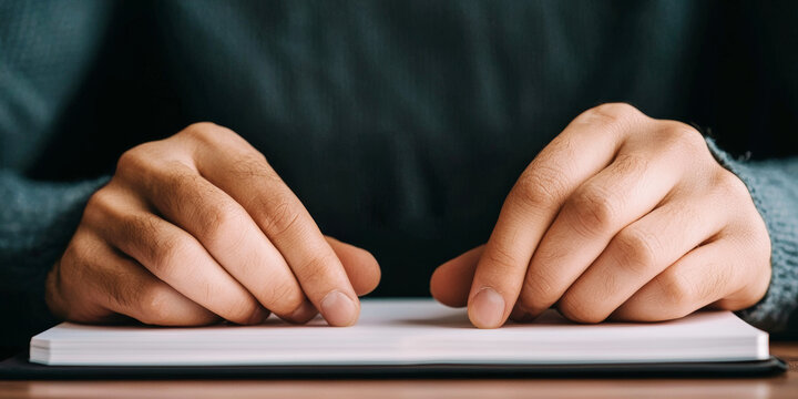 Close up of hands resting on notebook, conveying focus and intent
