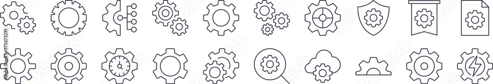 Wall mural gear outline web line icons collection. editable stroke. minimalistic linear pictogram for design of