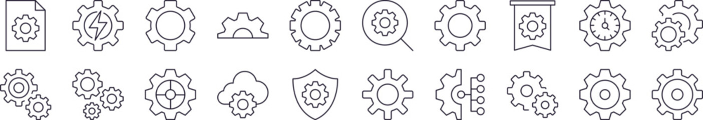 Bundle of Line Icons of Gear. Editable Stroke. Minimalistic Linear Pictogram for Design of Cards, Apps, Banners, Posts