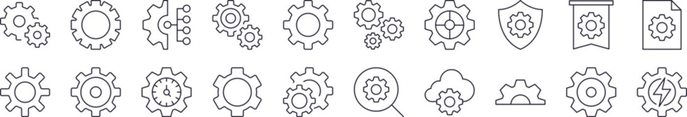 Gear Outline Web Line Icons Collection. Editable Stroke. Minimalistic Linear Pictogram for Design of Cards, Apps, Banners, Posts