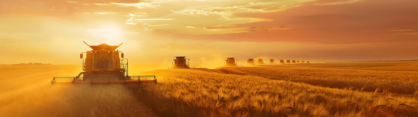 Fototapeta premium Group of harvesters harvesting ripe wheat field in autumn with sunset. Concept of agriculture, agronomy and crop collection.
