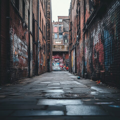 Fototapeta premium Broad Uninhabited Alley with Brick Walls and Vivid Graffiti
