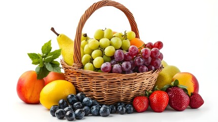 Basket of Assorted Fresh and Nutritious Fruits Against White Background