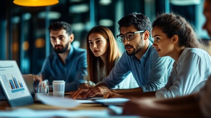 Collaborative business meeting  analyzing reports and strategies with coworkers and clients