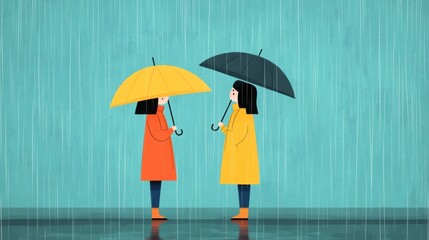 Two women standing under umbrellas in the rain, AI