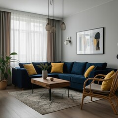 a cozy modern living room with navy blue sectional sofa, wooden coffee table, indoor plant, sheer curtains, abstract art on the wall, rattan accent chair with yellow throw pillows, hardwood floors, pe
