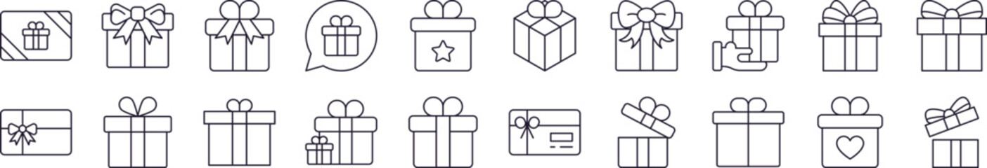 Bundle of Line Icons of Giftbox, Box for Present. Editable Stroke. Minimalistic Linear Pictogram for Design of Cards, Apps, Banners, Posts
