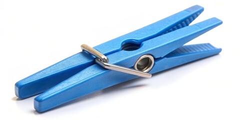A Close-up of a Blue Plastic Clothespin on a White Background, clothespin, laundry, clip