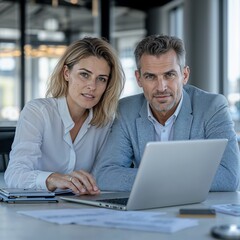 Obraz premium Middle Aged Businessman and Woman Engaged in Conversation Over Financial Project at Office