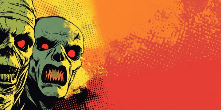Vibrant pop art Halloween banner featuring classic horror creatures in spooky colors