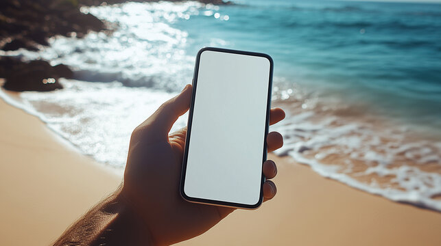 man hands holding a smartphone with a plain white screen, standing on a sandy beach