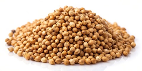 Naklejka premium Close-up of a Heap of Coriander Seeds on White Background, coriander, spice, seeds
