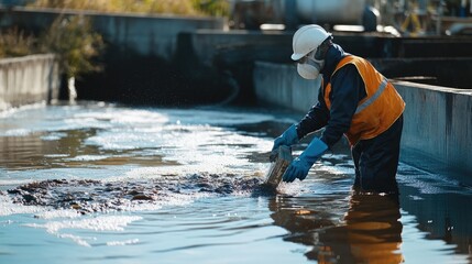 A person wearing a mask and gloves cleaning up a wastewater spill.