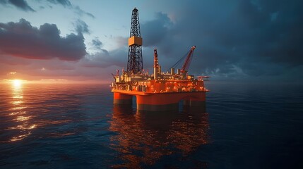 Obraz premium Semi Submersible Floating Oil Rig Operating in Deep Waters During Sunset