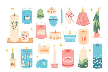 Christmas candles collection. Vector hand drawn set illustration isolated on white background.